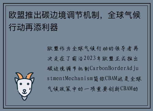 欧盟推出碳边境调节机制，全球气候行动再添利器