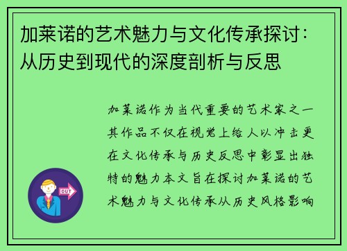 加莱诺的艺术魅力与文化传承探讨：从历史到现代的深度剖析与反思