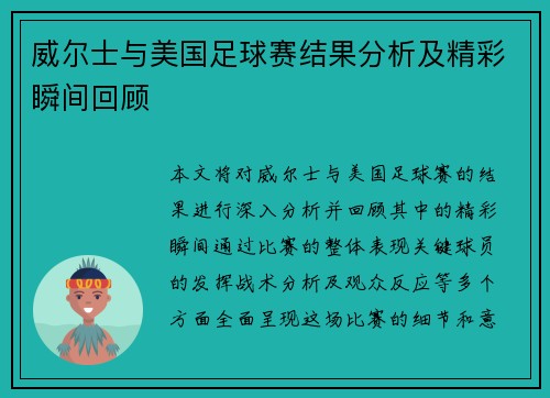 威尔士与美国足球赛结果分析及精彩瞬间回顾