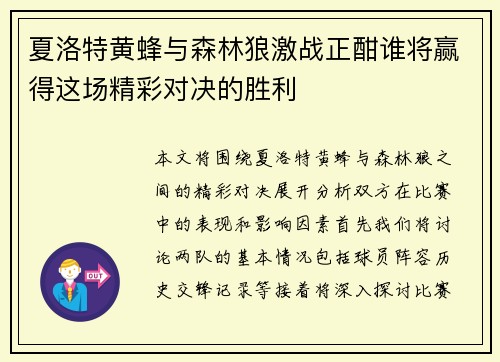 夏洛特黄蜂与森林狼激战正酣谁将赢得这场精彩对决的胜利