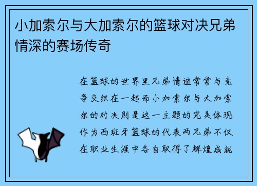 小加索尔与大加索尔的篮球对决兄弟情深的赛场传奇
