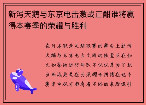 新泻天鹅与东京电击激战正酣谁将赢得本赛季的荣耀与胜利