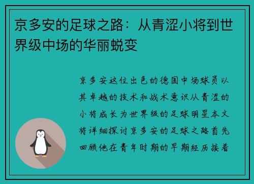 京多安的足球之路：从青涩小将到世界级中场的华丽蜕变