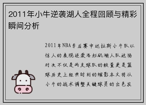 2011年小牛逆袭湖人全程回顾与精彩瞬间分析