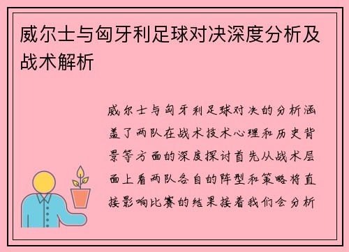 威尔士与匈牙利足球对决深度分析及战术解析
