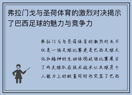 弗拉门戈与圣荷体育的激烈对决揭示了巴西足球的魅力与竞争力
