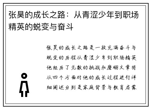张昊的成长之路：从青涩少年到职场精英的蜕变与奋斗