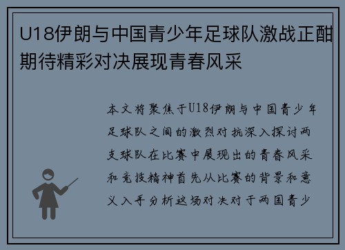 U18伊朗与中国青少年足球队激战正酣期待精彩对决展现青春风采