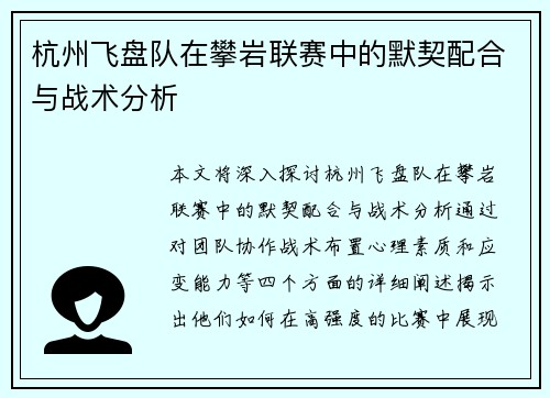 杭州飞盘队在攀岩联赛中的默契配合与战术分析
