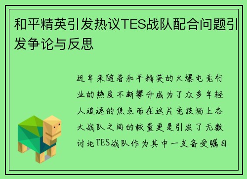 和平精英引发热议TES战队配合问题引发争论与反思
