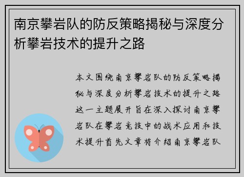 南京攀岩队的防反策略揭秘与深度分析攀岩技术的提升之路