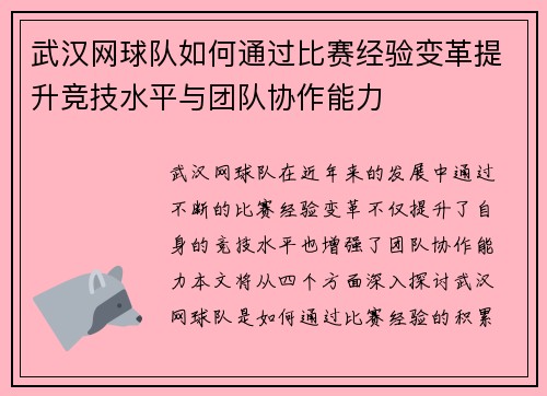 武汉网球队如何通过比赛经验变革提升竞技水平与团队协作能力